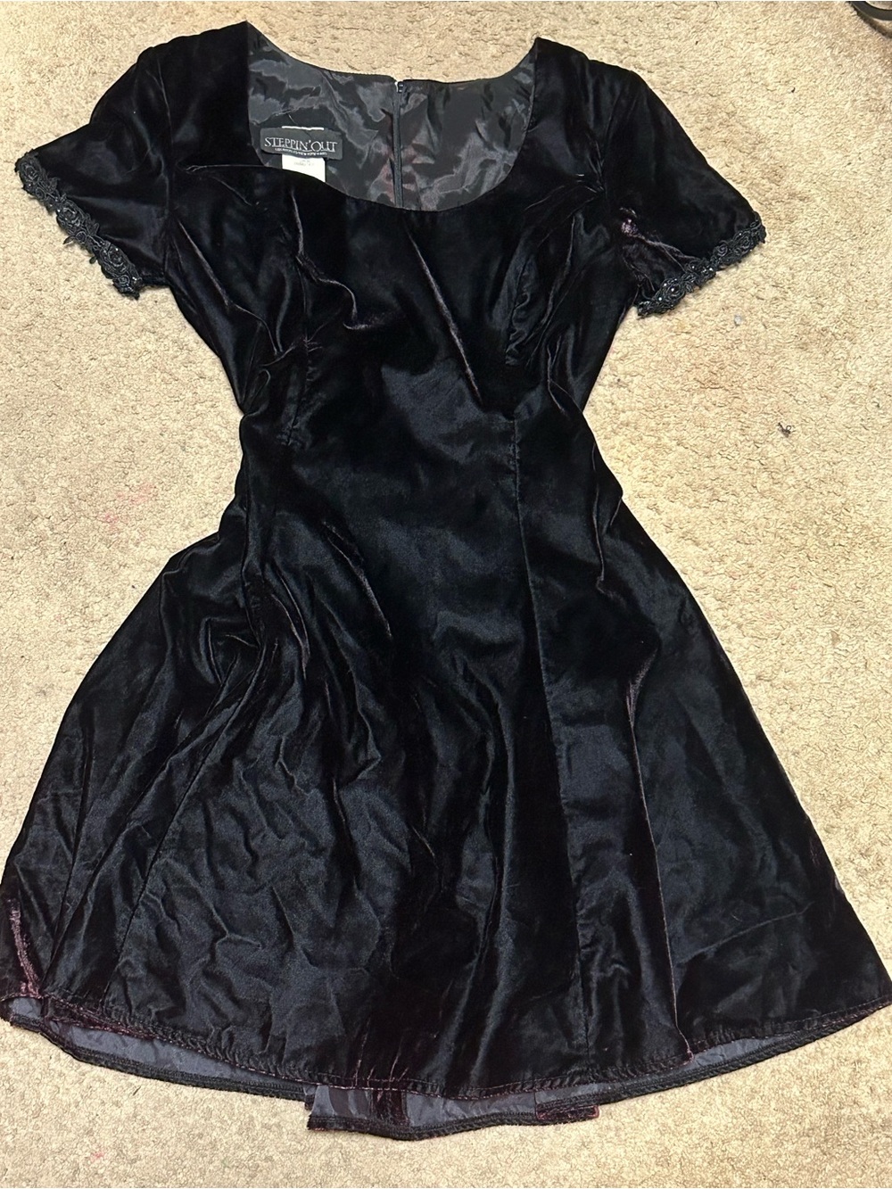 Vintage Steppin' Out Black Velvet Mini Dress with Lace Trim